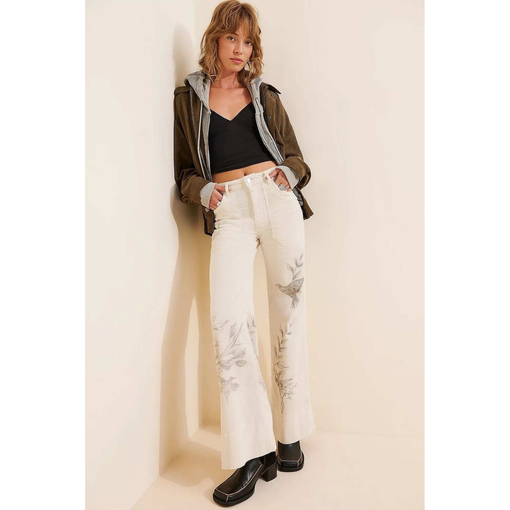 Pilcro The Rylan Relaxed High-Rise Flare Corduroy Jeans Cream Bird Print 27